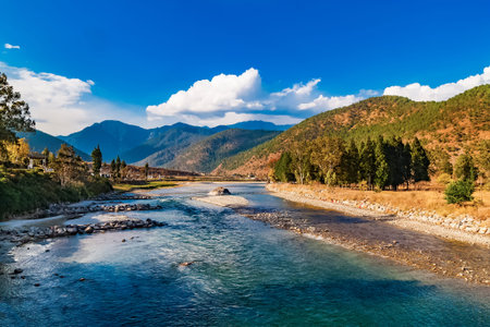 Mo Chhu River on a nice sunny day, Punakha, Bhutan. View from the wooden cantilever bridge near Punakha Dzong to river, houses of Punakha city and Himalaya mountains covered with forest.の写真素材