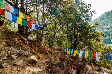 Traditional prayer Tibetan Buddhist flags Lung Ta and ancient buildings of Monastery high in the...