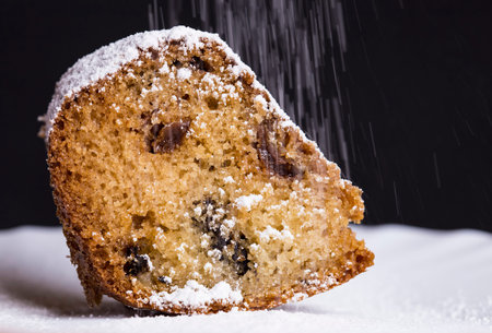 Sprinkling icing sugar powder over the piece of fresh sweet muffin cake with raisins close up on...