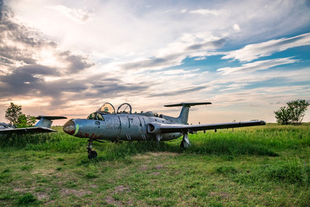Volchansk, Ukraine - 18 June 2020: Old aircrafts Aero L-29 Delfin at abandoned Airbase aircraft...