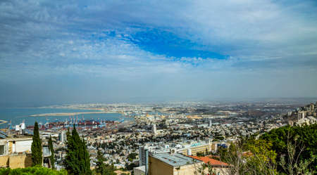 Haifa, Israel - October 2018: Panoramic view of the harbor port of Haifa, with downtown Haifa, the harbor, the industrial zone in a sunny summer day. Haifa, Northern Israelのeditorial素材