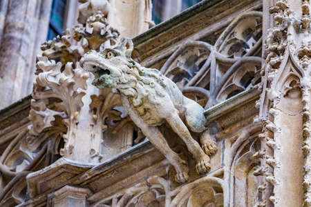 Grotesque gargoyle water spout sculpture on facade of gothic medieval St. Stephen's Cathedral or Stephansdom in Vienna, Austriaの写真素材