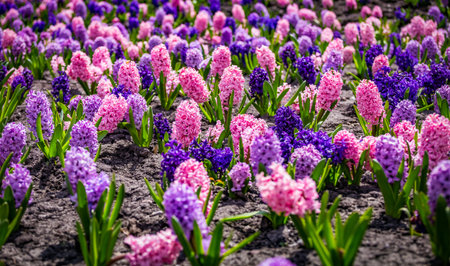 Large flower bed with multi-colored hyacinths, traditional easter flowers, flower background, easter...