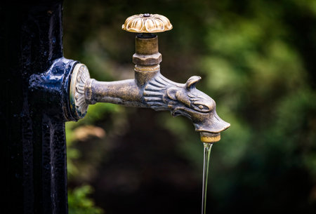 Close up of vintage animal head brass tap with drinking water on the city street or park. Flowing water. Selective focusの写真素材