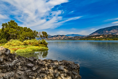 Butrint lake salt lagoon, beautiful summer view from Butrint National Park, in Albania, archeological site in Ksamil not far from Sarande on the south of Albania.の写真素材