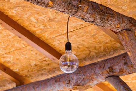 Modern energy saving filament led bulb edison style light lamp in a country house, modern technology, ecology concept.の写真素材