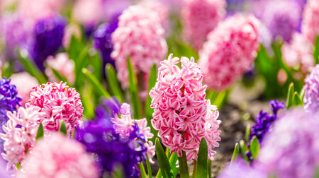 Closeup macro photo of pink, purple, blue growing fragrant hyacinth flowers in botanical garden,...