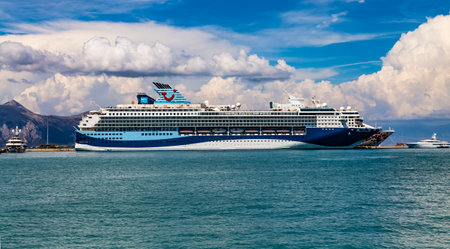 Corfu, GREECE, August 2022. Big cruise ship Marella Explorer 2 the newest ship in the fleet of Marella Cruises, British cruise line operated by TUI UK docked at the cruise terminal of the Kerkyra.のeditorial素材