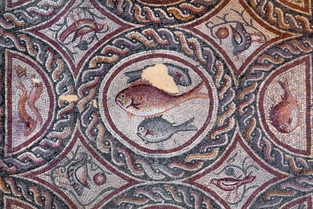 Fish on fragment of Lod Mosaic, famous Roman mosaic floor in Lod town in Israel, displayed in Shelby White and Leon Levy Lod Mosaic Center. Mosaic depicts land animals, fish and two Roman ships.の写真素材
