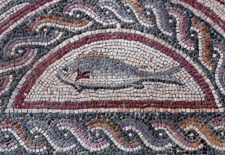 Fish on fragment of Lod Mosaic, famous Roman mosaic floor in Lod town in Israel, displayed in Shelby White and Leon Levy Lod Mosaic Center. Mosaic depicts land animals, fish and two Roman ships.の写真素材