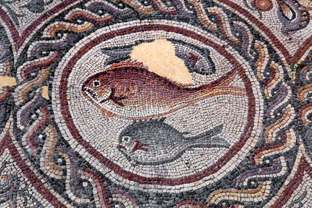 Fish on fragment of Lod Mosaic, famous Roman mosaic floor in Lod town in Israel, displayed in Shelby White and Leon Levy Lod Mosaic Center. Mosaic depicts land animals, fish and two Roman ships.の写真素材