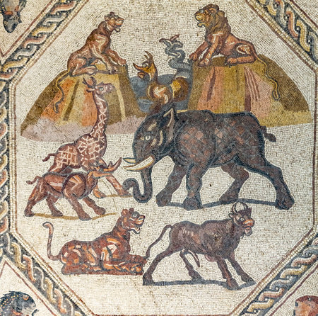 Central part of Lod Mosaic, famous Roman mosaic floor in Lod town in Israel, displayed in Shelby White and Leon Levy Lod Mosaic Center. Mosaic depicts land animals, fish and two Roman ships.の写真素材