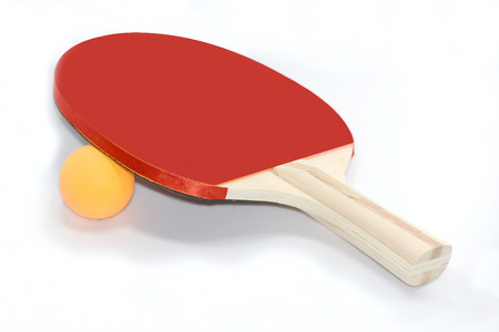 Table tennis racket and ball on a white backgroundの写真素材