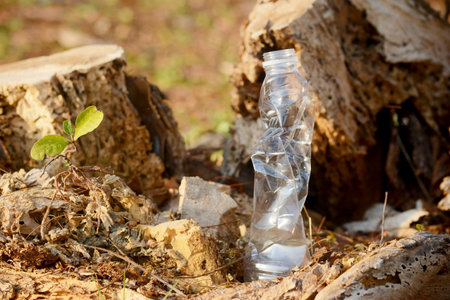 a plastic bottle lies on grass in nature like garbage