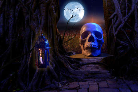 A human skull on a stump above a dead tree and the moon. halloween backgroundの写真素材