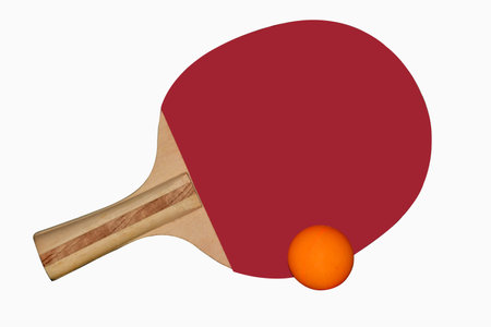 Table tennis racket and ball on a white backgroundの写真素材