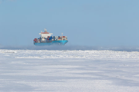 Container cargo ship on icy watersの写真素材