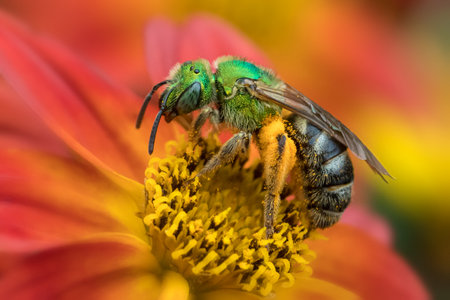 Extreme close up of green wild bee in colorful orange flowersの写真素材