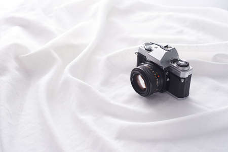Camera on a white cloth.の写真素材