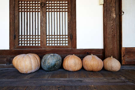various pumpkins in a hanok, korea.の写真素材