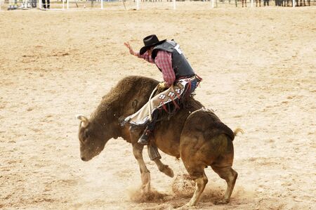 Bucking action during the bull rinding competition at a rodeo.の写真素材