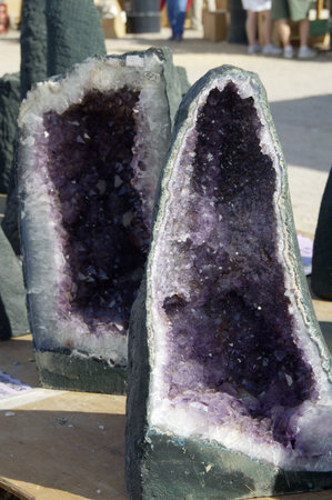 Gemstones on display at a gem and mineral show.