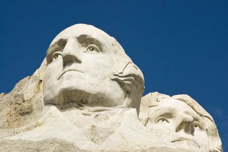 closeup view of Washington & Jefferson on Mount Rushmore National Monument in the Black Hills of South Dakota.のeditorial素材