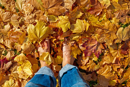 Barefoot in autumn leavesの写真素材