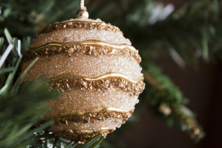 Glossy golden Christmas ball hanging in the tree as ornament.の写真素材