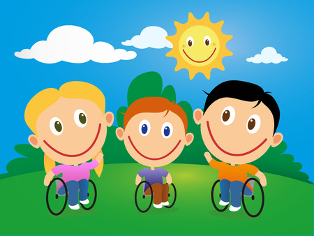 Handicapped happy children in wheelchair in a sunny day.のイラスト素材