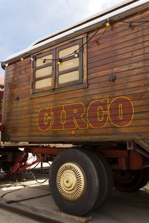 Circus wooden vintage caravan with painted spanish circo letteringのeditorial素材