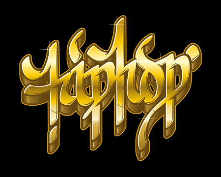 Hip-Hop word in graffiti style in metal golden colors. Gold text vector isolated on black background.のイラスト素材
