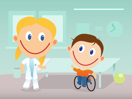 Happy child in wheelchair visit doctor in the clinicのイラスト素材