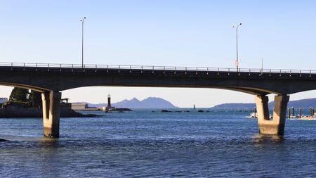 Bouzas bridge with Sea museum and Cies islands on background in Vigo city, Pontevedra, Spain.の写真素材
