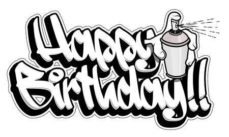 Happy birthday congratulation card. Readable graffiti style text with a hand holding an aerosol.のイラスト素材