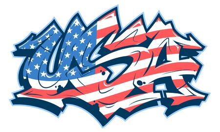 USA lettering in readable graffiti style filled with national flag. Vector banner isolated on white background.のイラスト素材