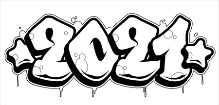 2021 in graffiti letters style vector banner isolated on white. New year design element.のイラスト素材
