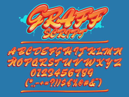 Graffiti script font. Uppercase  lettering typeface. Vector alphabet with numbers and glyphs.のイラスト素材