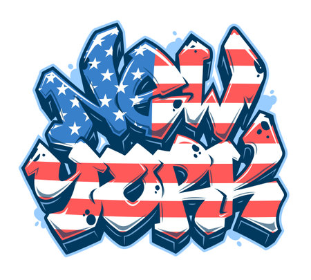 New York lettering in readable graffiti style with United States of America flag. Isolated on white background.のイラスト素材
