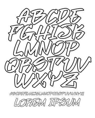 Vector font in readable graffiti hand written style. Marker or brush effect. Capital letters alphabet. Isolated black outlineのイラスト素材