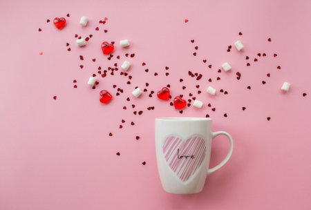 Valentine's day concept. Cup of coffee with hearts on pink background