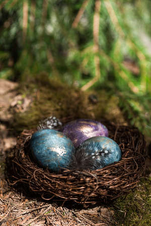 Happy Easter 2022. A postcard with a copy of the place for the text. Purple, blue and golden eggs in a nest on a natural forest background. top view.の写真素材