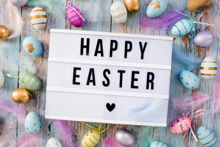 Stylish text frame of the lightbox with the inscription happy easter. Pink, blue, white, gold, and...