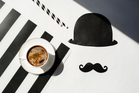 Cup of coffee with mustache on white and black stripes background, top viewの写真素材