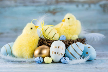 Blue, yellow, white eggs in the nest and yellow chicks on a blue wooden background. The minimal...