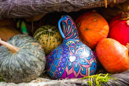 Decorative pumpkins from the Golden autumn festival in Moscow, near red square, the Kremlin. Halloween decor with various pumpkins, autumn vegetables and flowers. Harvest and garden decoration.の写真素材