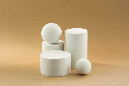 White round shapes on a beige abstract background. A scene with geometric shapes. Minimal boxes and...