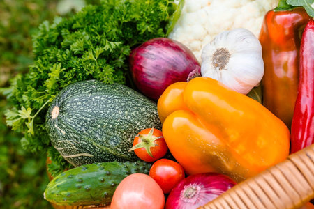 A wicker basket full of fresh raw vegetables. Basket of vegetables (cauliflower, carrots, cucumbers,...