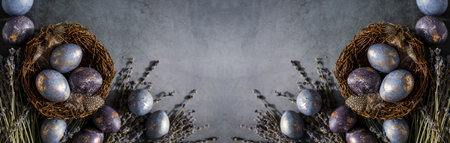 Easter card with a copy of the place for the text. Purple, blue and golden eggs on a dark background. The trend of 2022 purple shade is very peri. Natural dye karkade tea. Top view.の写真素材