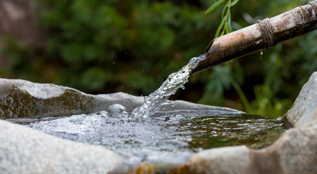 mountain spring. A bowl with natural, cold drinking water. Ecology of the planet. close-up. Japanese...
